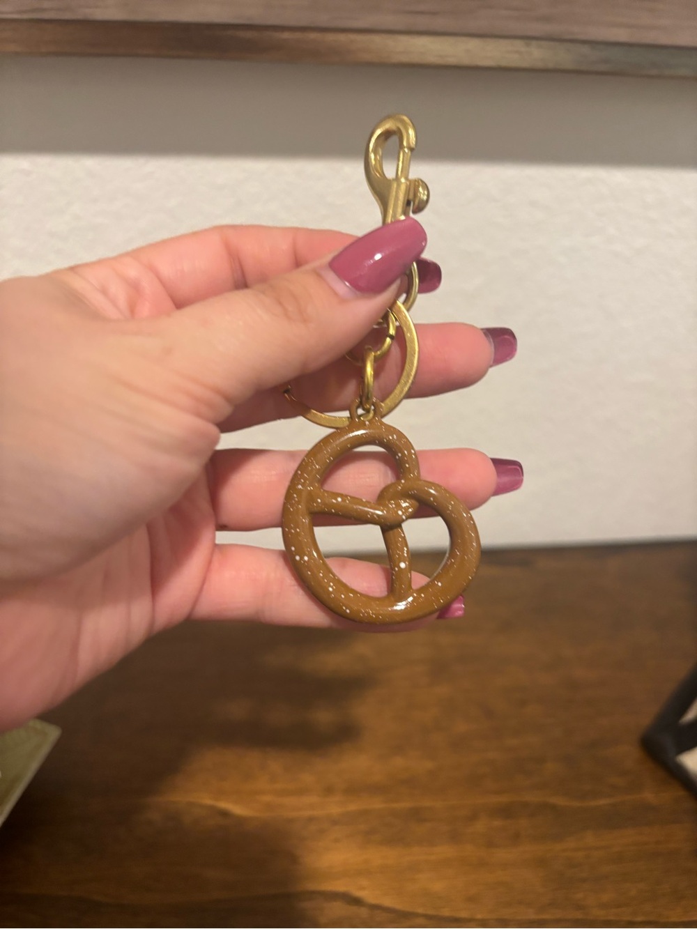 Gold Tone Pretzel Keychain Charm in Brown NWOT
